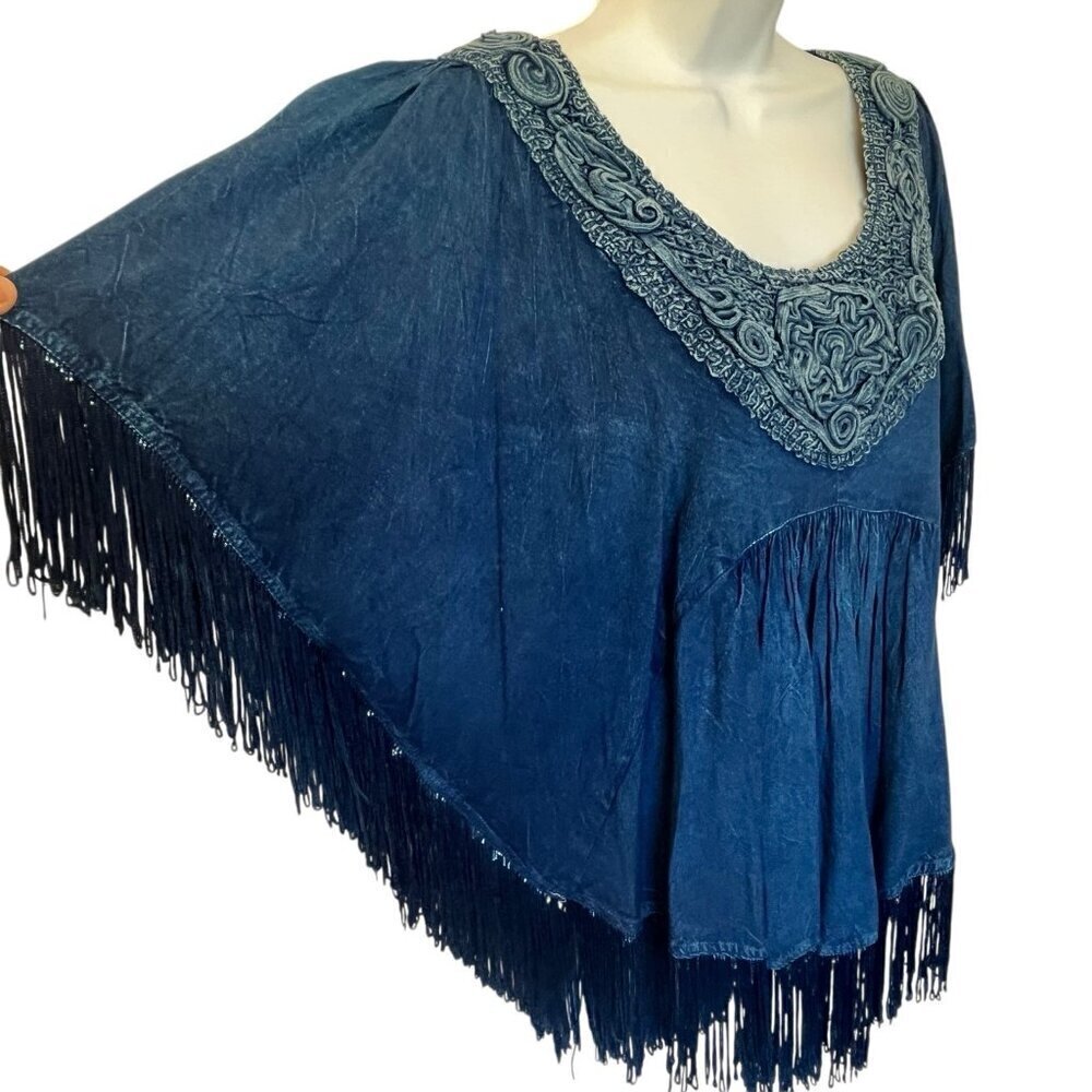 Women Denim Fringe Poncho Western Top Boho Cowgirl M Blue Studio West Apparel